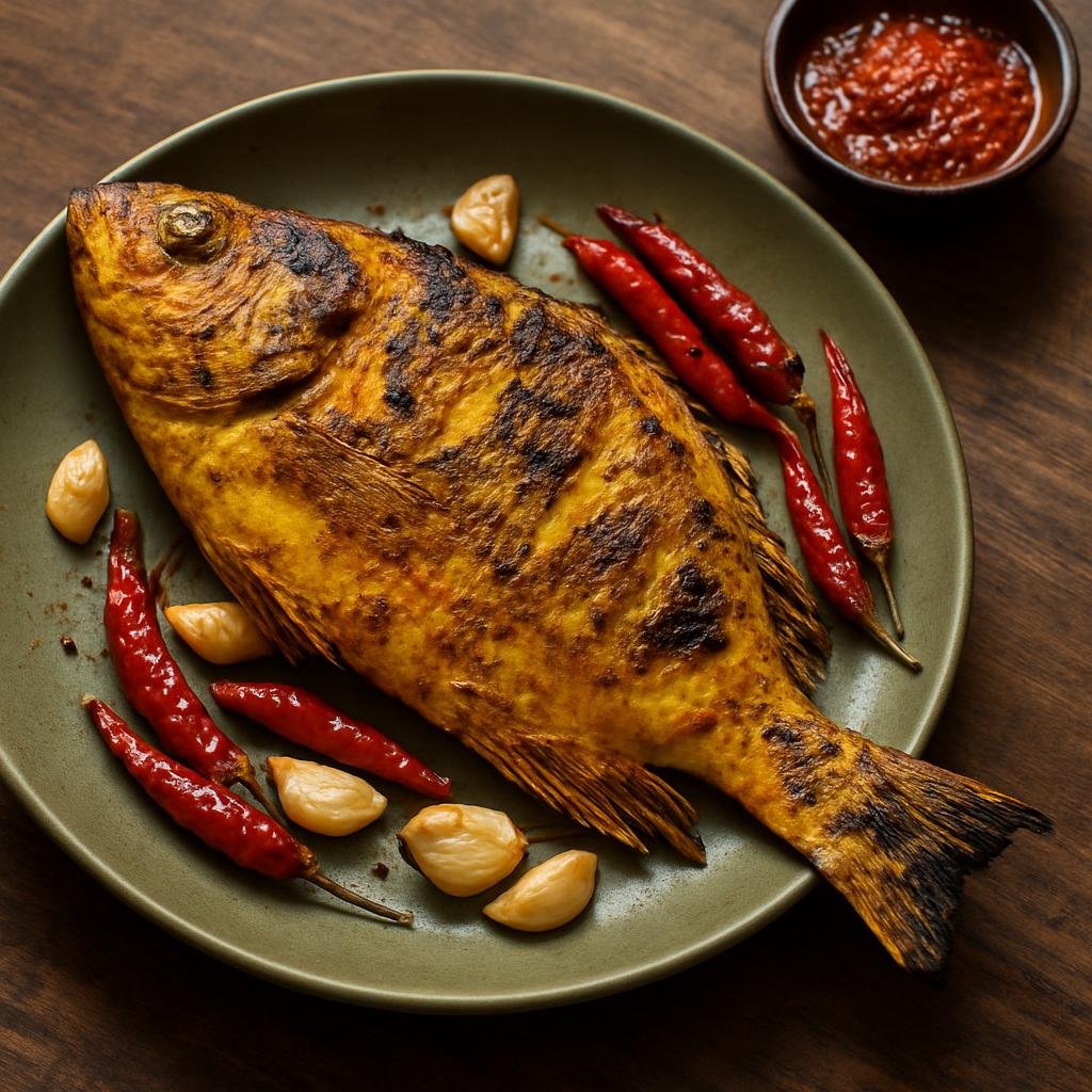 Entree: Myanmar – Kachin & Northern Myanmar – မြောက်ပိုင်း မြန်မာ ငါးကင် ➤ Myauk‑paing Myanmar nga kin (Whole regional grilled fish seasoned with turmeric, garlic, and local chilies typical of northern Myanmar) recipe