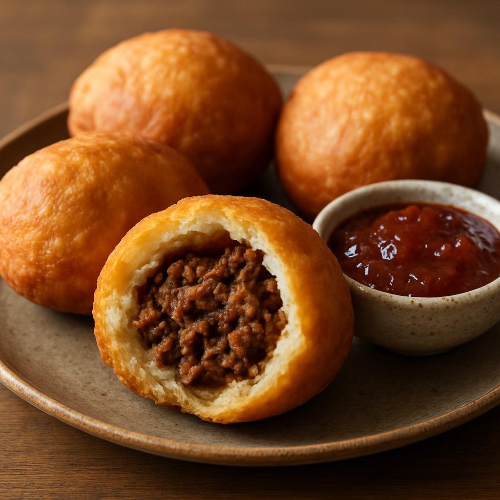 Entree: Botswana – National Cuisine – Vetkoek (Deep-fried savory bread dough often split and filled with seasoned minced meat or eaten with chutney) recipe