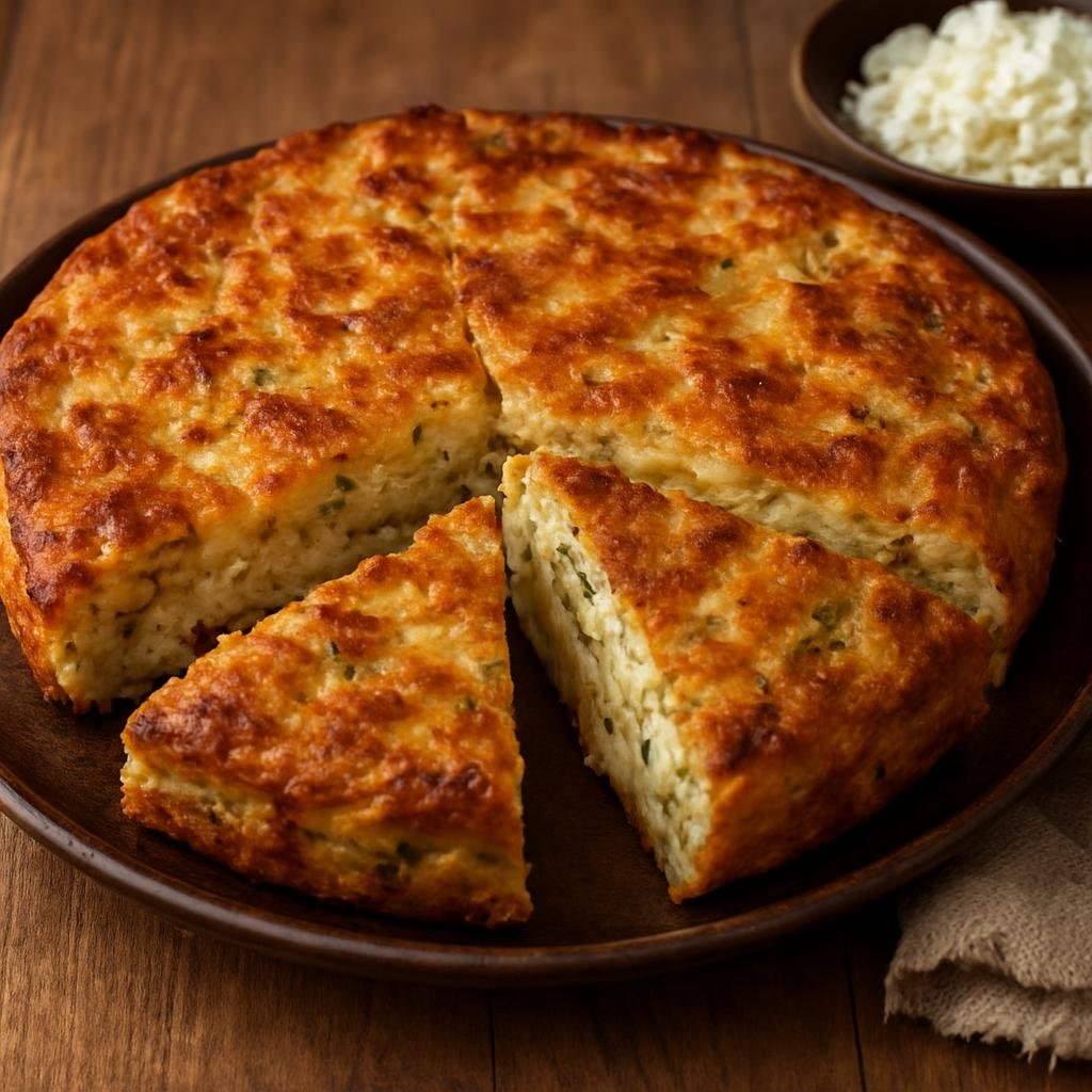 Entree: Bulgaria – National Cuisine – Пататник ➤ Patatnik (A rustic Rhodope-style savory potato pie cooked on the stovetop or baked with onions, eggs, herbs, and white brined cheese) recipe