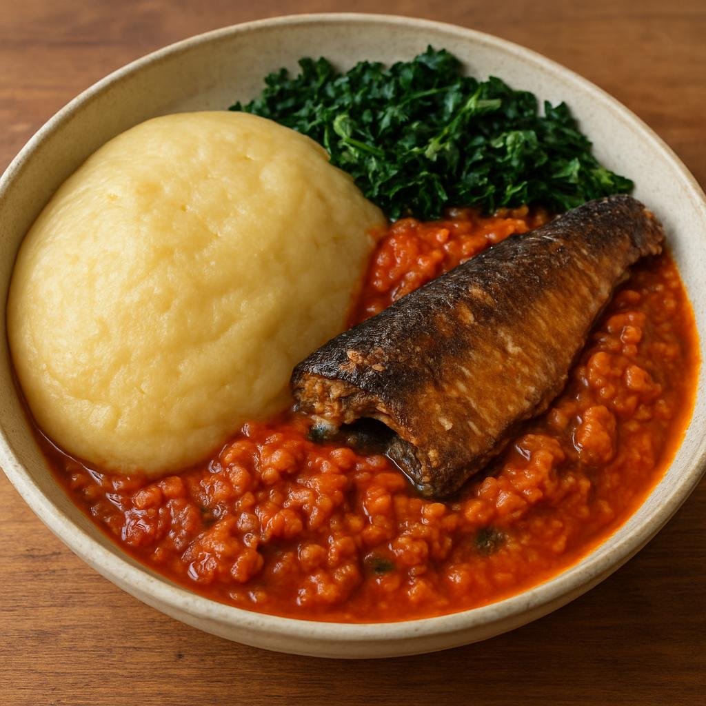 Entree: Democratic Republic of the Congo – National Cuisine – Koko (Thick maize porridge served with a savory peanut-tomato sauce, smoked fish, and greens) recipe