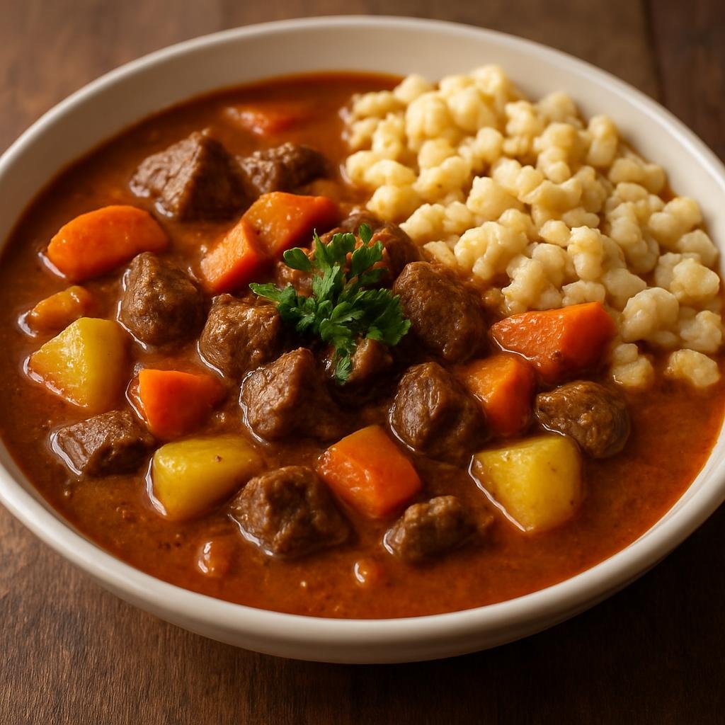 Entree: Hungary – Great Plain – Gulyás (Hearty paprika-seasoned Hungarian meat and vegetable stew traditionally served with potatoes or noodles) recipe