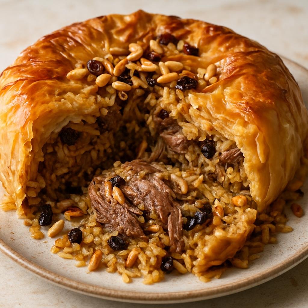 Entree: Lebanon – Bekaa Valley – لحم أوزي ➤ Lahm Ouzi (Phyllo-wrapped spiced lamb and rice pilaf studded with nuts and raisins) recipe