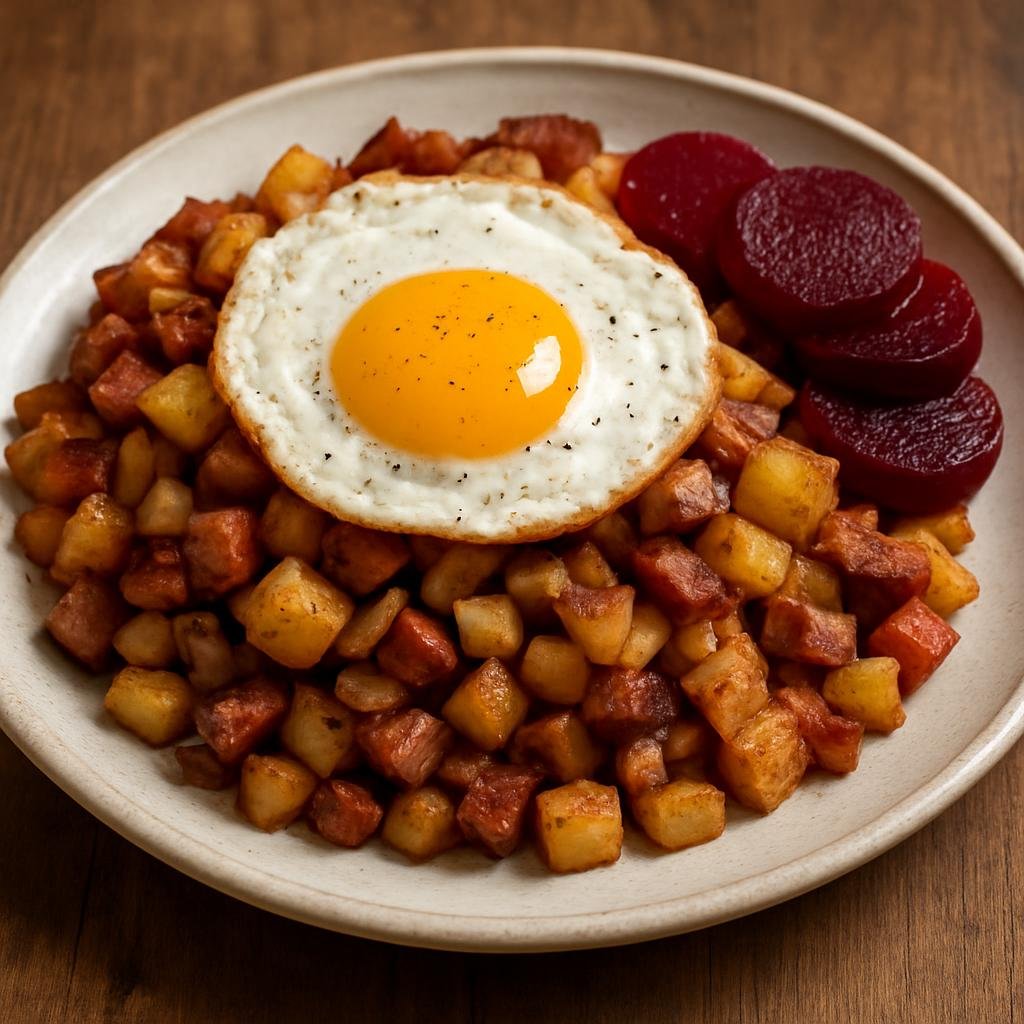 Entree: Sweden – Skane / South Sweden – Pyttipanna (Pan-fried hash of diced potatoes, onions, and cured or leftover meats, often served with fried egg and pickled beets) recipe