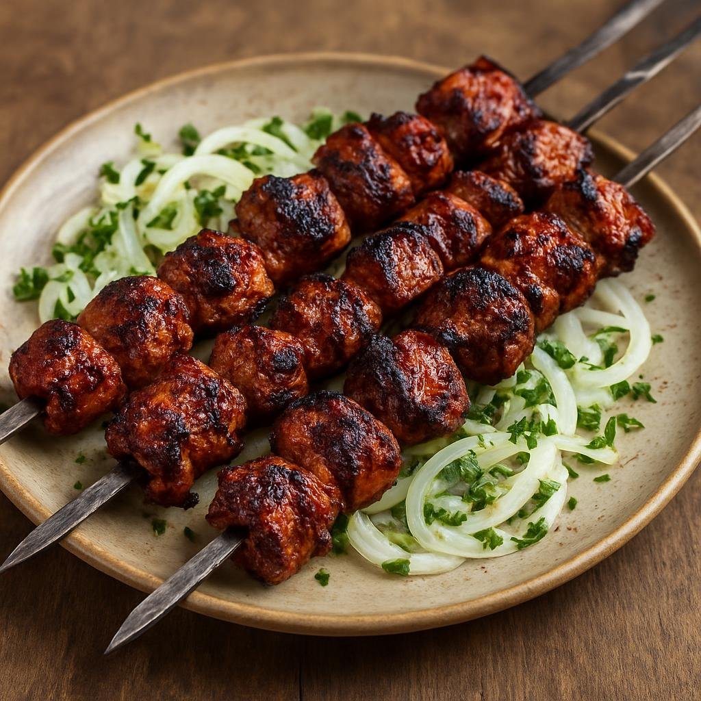 Entree: Kyrgyzstan – Northern Culinary Region – Шашлык ➤ Shashlyk (Skewered marinated chunks of meat grilled over charcoal, a Central Asian kebab) recipe