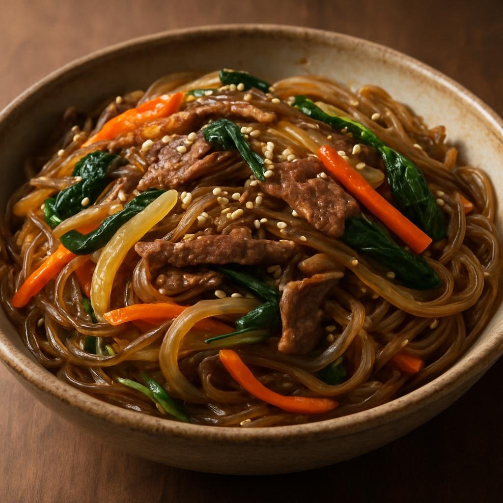 Entree: North Korea – North Korean Mountain Cuisine – 잡채 ➤ Japchae (Stir-fried glass noodles with beef and mixed vegetables in a sweet-salty sesame-soy sauce) recipe