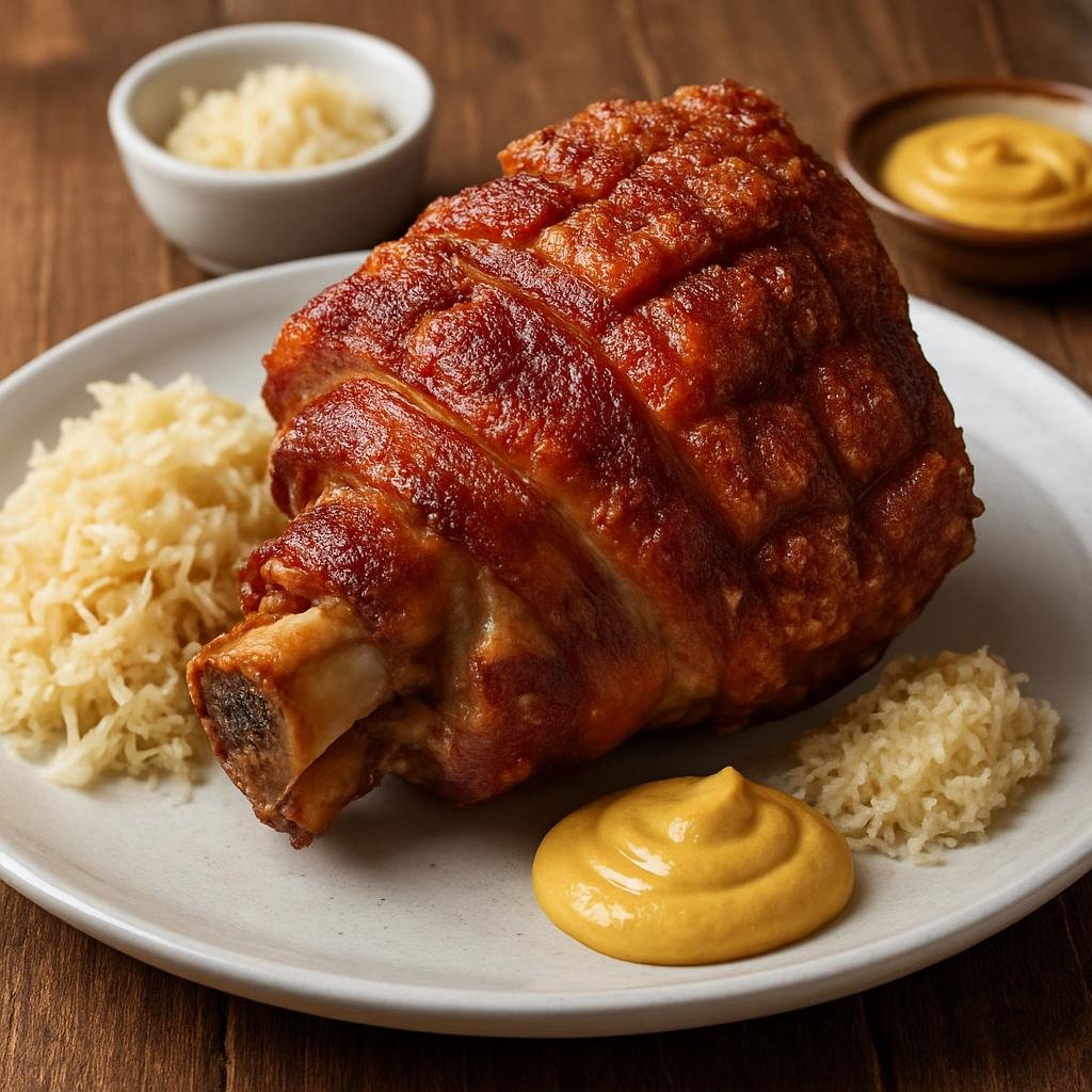 Entree: Slovakia – Northern Culinary Region – Pečené Bravčové Koleno (Crisp-roasted pork knuckle slow-roasted until tender with crackling, traditionally served with mustard, horseradish, and sauerkraut) recipe