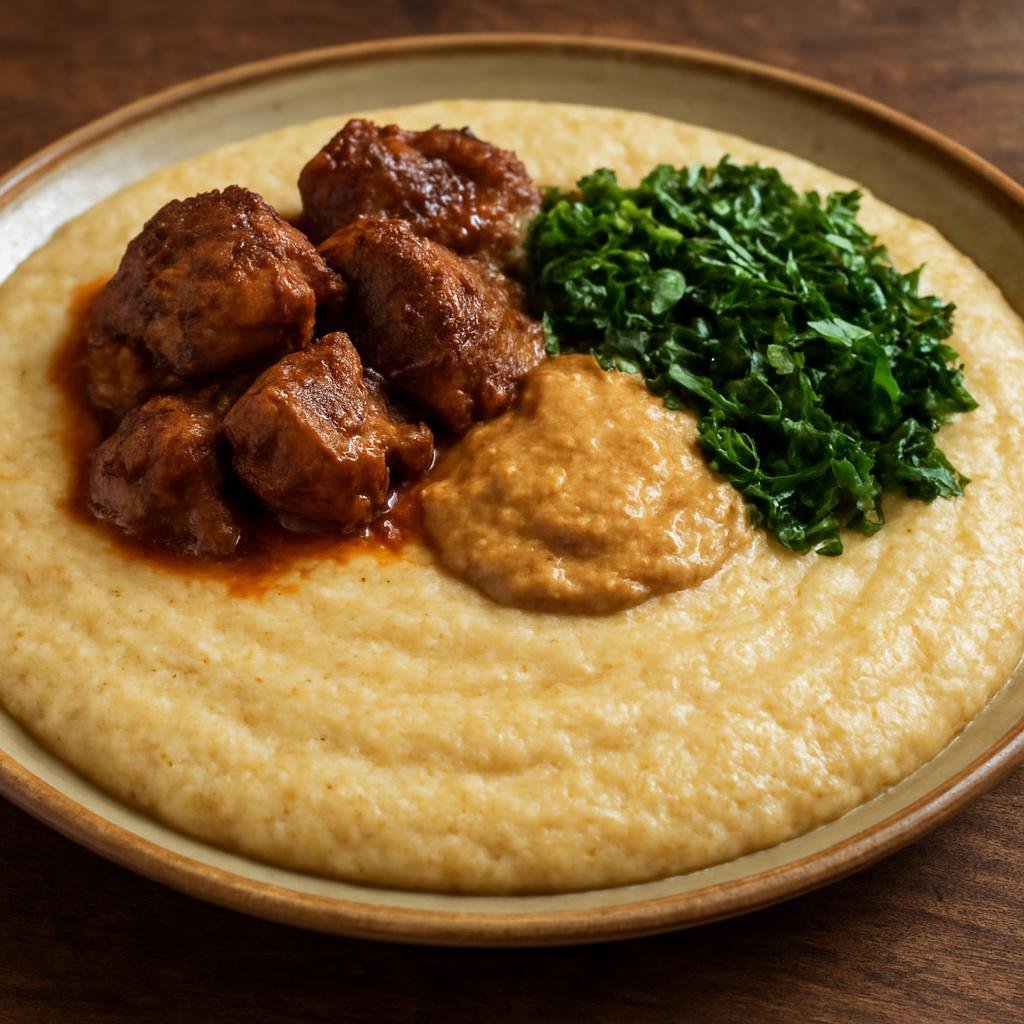 Entree: Chad – La Bouillie (Thick millet porridge served as a savory staple, often enriched with peanut and accompanied by stewed meat and greens) recipe