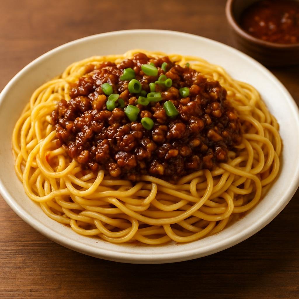 Entree: China – Beijing / Imperial North – 北京炸酱面 ➤ Běijīng zhàjiàngmiàn (Stir-fried wheat noodles topped with a savory fermented soybean and ground pork sauce) recipe