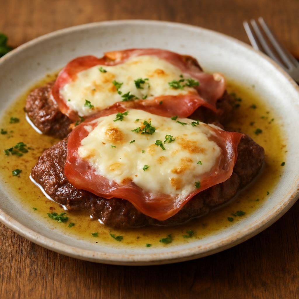 Entree: Italy – Aosta Valley – Capriolo alla Valdostana (Pan-seared venison cutlets topped with cured ham and melted Fontina cheese in the Aosta Valley style) recipe
