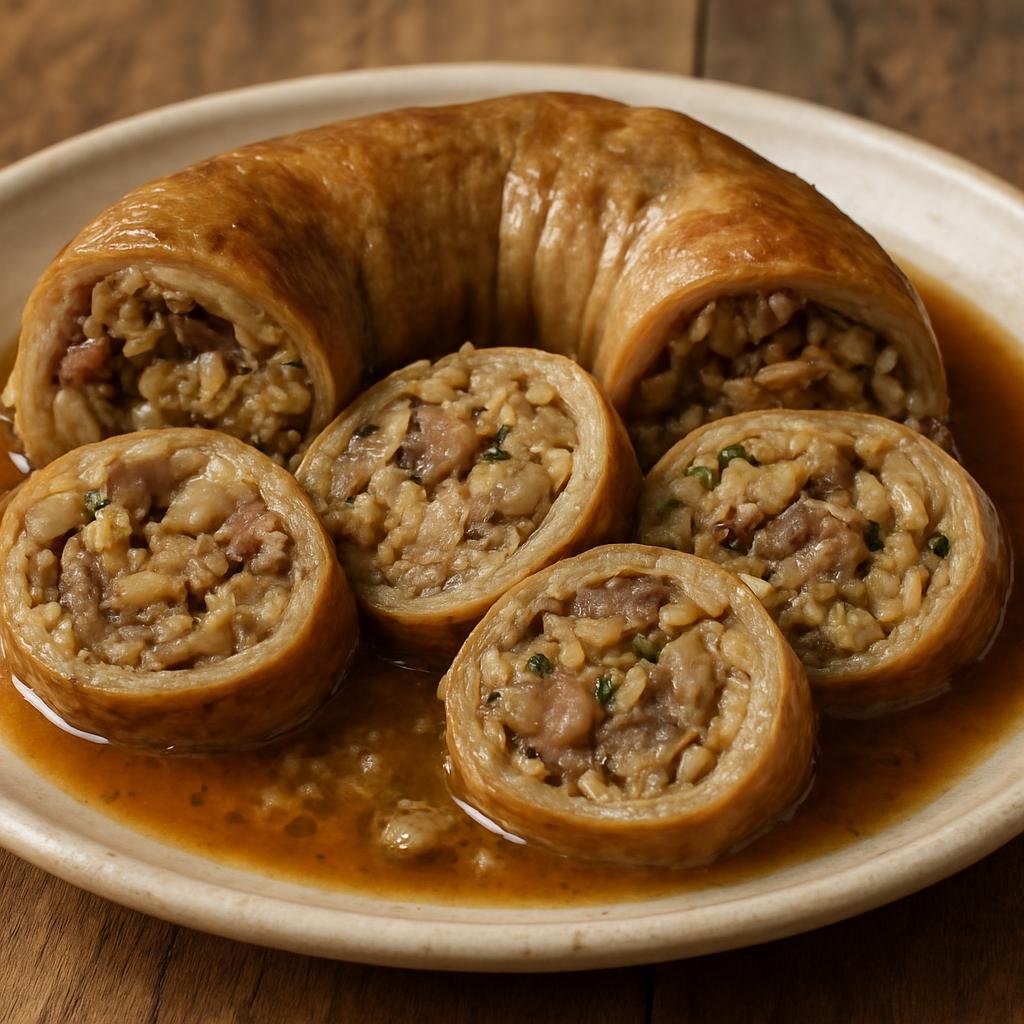 Entree: Spain – Aragon – Chiretas (Sheep's stomach stuffed with rice, lamb offal, and herbs, simmered until tender and served sliced) recipe