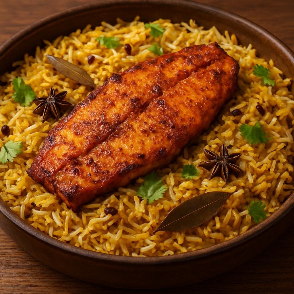 Entree: Pakistan – Coastal Pakistan – مچھلی بریانی ➤ Machhli Biryani (Layered spiced basmati rice cooked with marinated fish and whole spices) recipe