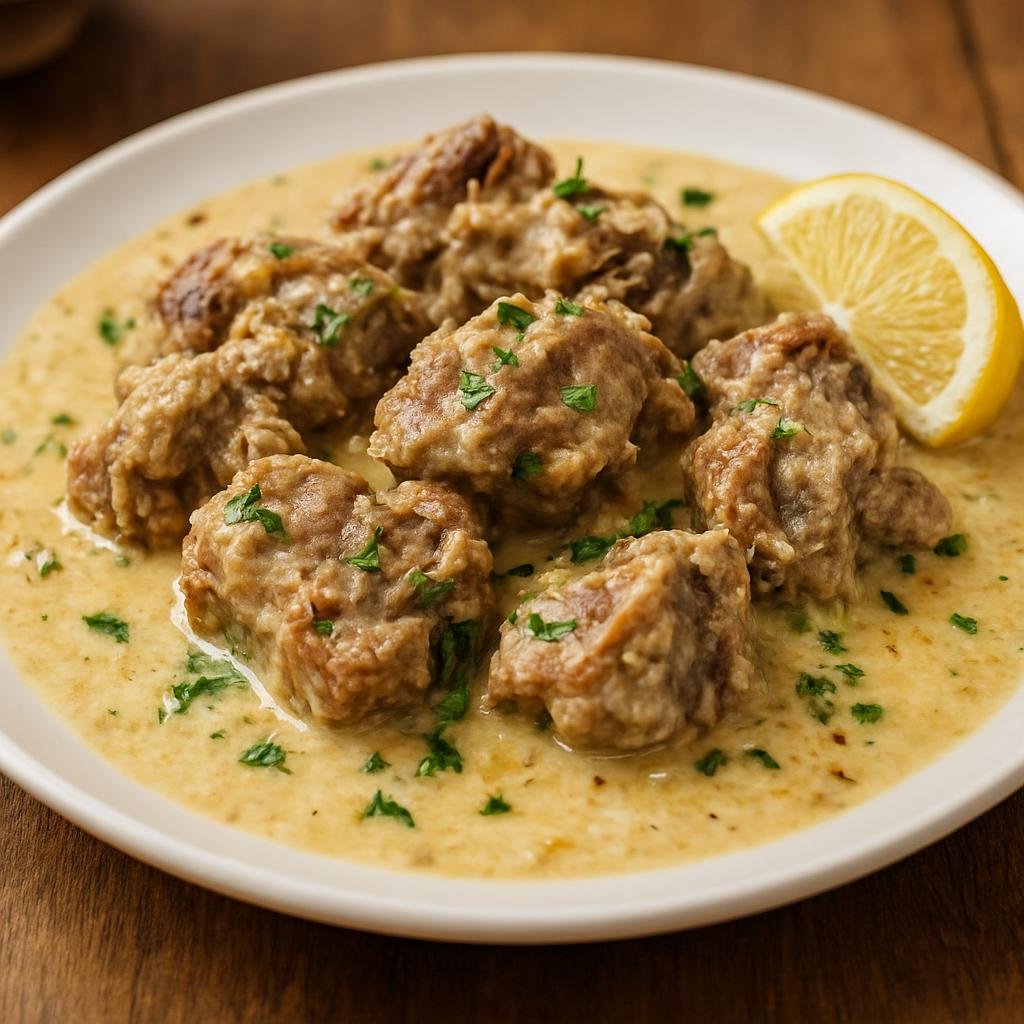 Entree: Greece – Athens & Attica – Αρνί φρικασέ ➤ Arní frikasé (braised lamb in lemon-egg sauce) recipe