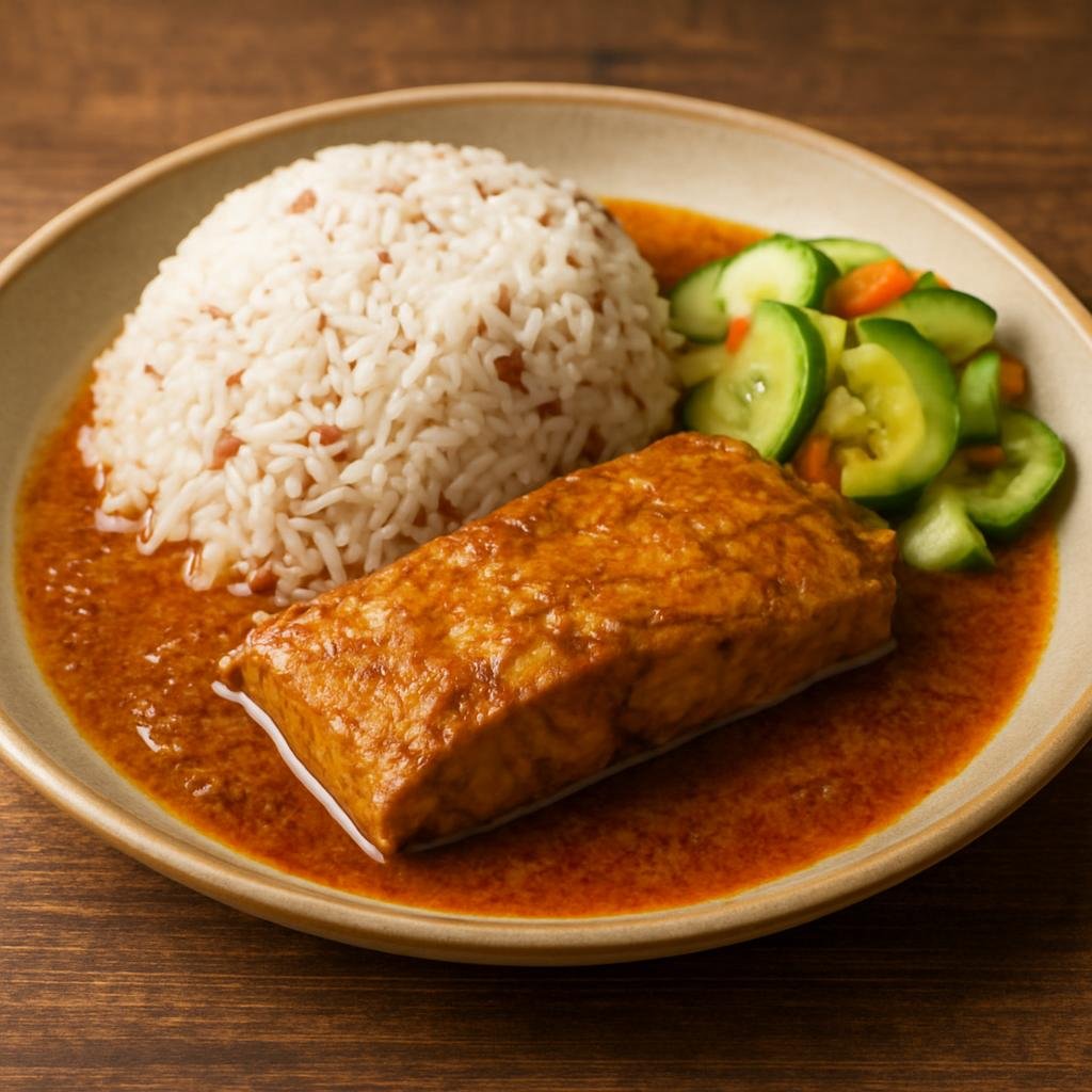 Entree: Malaysia – Malay Peninsula – Nasi Dagang (Fragrant coconut-steamed rice served with a Malay-style curried fish and pickled cucumber) recipe