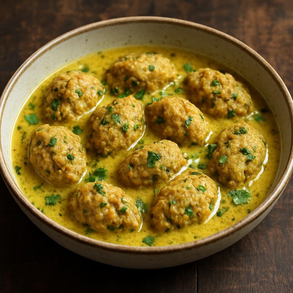 Entree: Bangladesh – Bengali River Delta – চিতল মাছের মুঠা ➤ Chital Macher Muitha (Steamed or simmered spiced river-fish dumplings made from minced chital and rice in a light mustard and ginger sauce) recipe