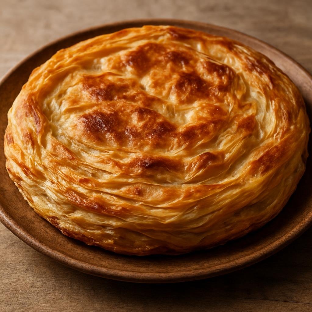 Entree: Egypt – Cairo & Delta – فتير مشلتت ➤ Feteer Meshaltet (Multi-layered Egyptian flaky flatbread made by stretching and folding dough into many buttered layers, baked until crisp and golden) recipe