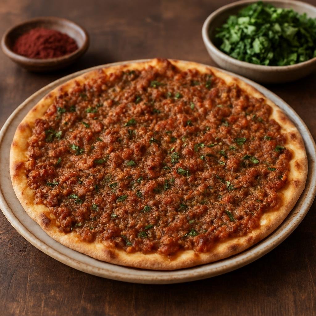 Entree: Armenia – Armenian Highlands – Լահմաջուն ➤ Lahmajoon (Thin flatbread topped with spiced minced meat and herbs, baked until crisp) recipe