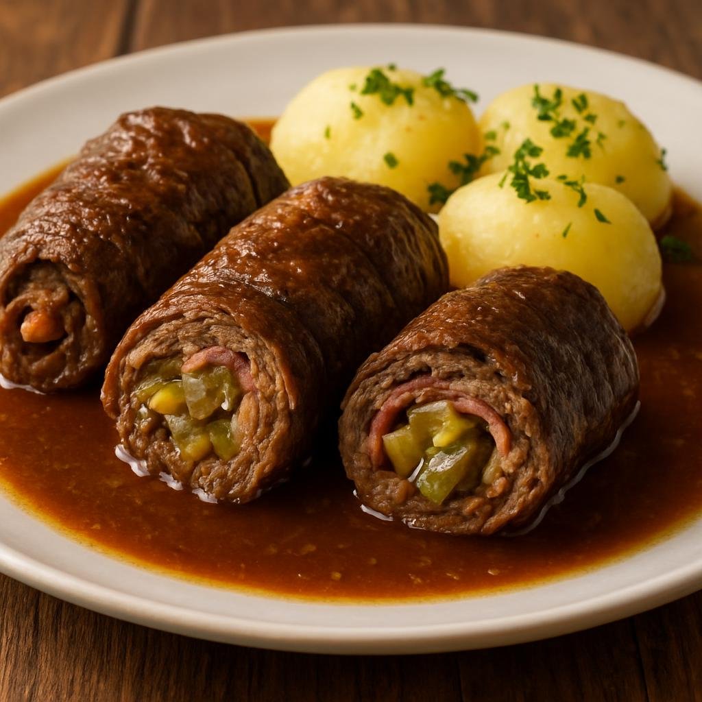 Entree: Austria – Salzburg & Alpine Austria – Rindsrouladen (Beef roulades stuffed with bacon, onions, mustard, and pickles, braised until tender in a rich gravy) recipe