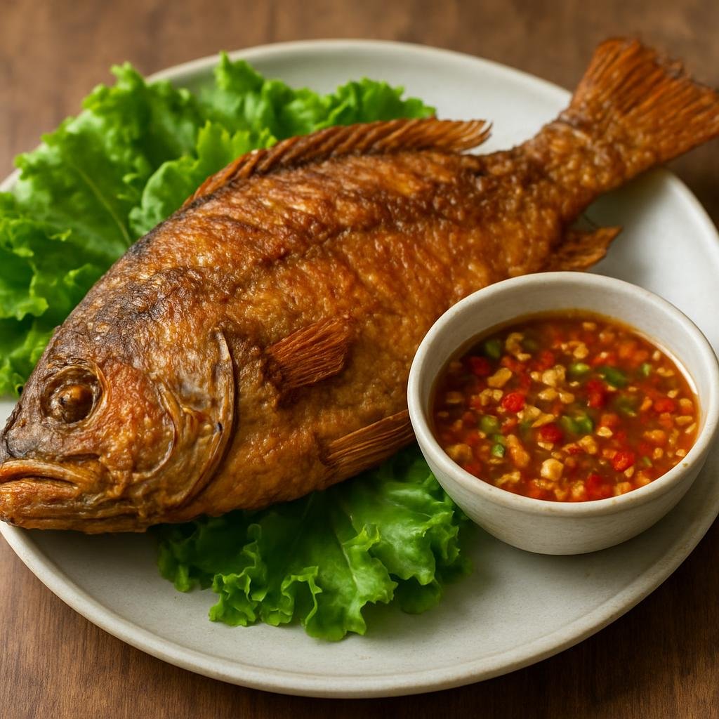 Entree: Cambodia – Coastal Cambodia – ត្រីងៀត ➤ Trey Ngeat (Whole coastal fish seasoned and deep-fried, served with a sweet‑sour‑spicy Khmer dipping sauce) recipe