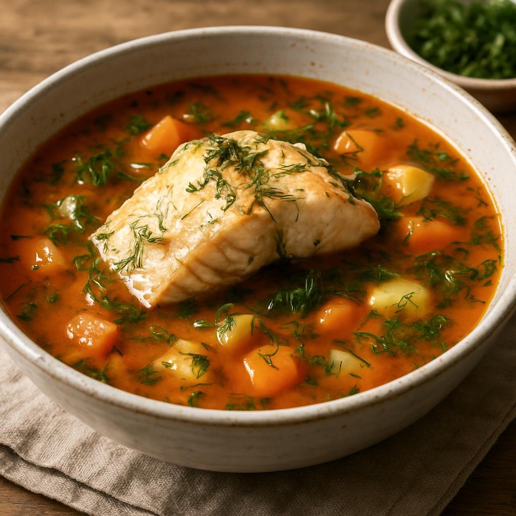 Entree: Romania – Dobrogea – Ciorbă de Pește (Dobrogean sour fish soup made with white fish, vegetables, and fresh dill) recipe