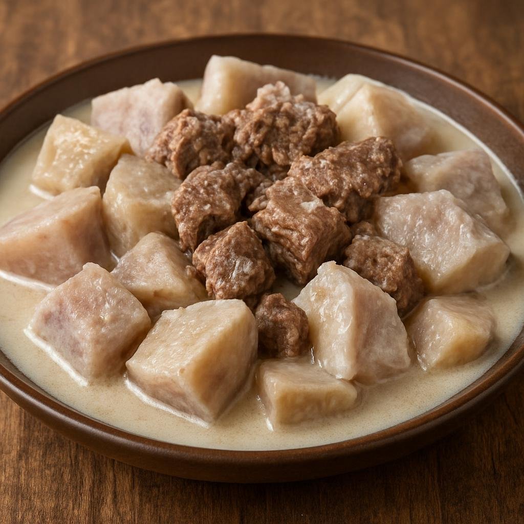 Entree: American Samoa – National Cuisine – Taro and Povi Masima (Boiled taro corms stewed with salted beef, finished with coconut milk) recipe