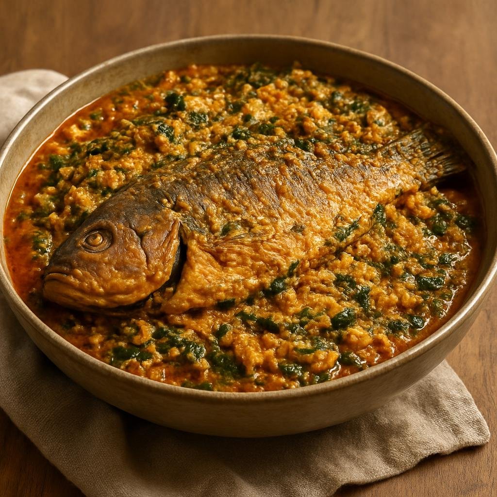 Entree: Central African Republic – National Cuisine – Egusi Sauce with Fish (Thick West/Central African melon-seed stew made with ground egusi, leafy greens, and fish) recipe