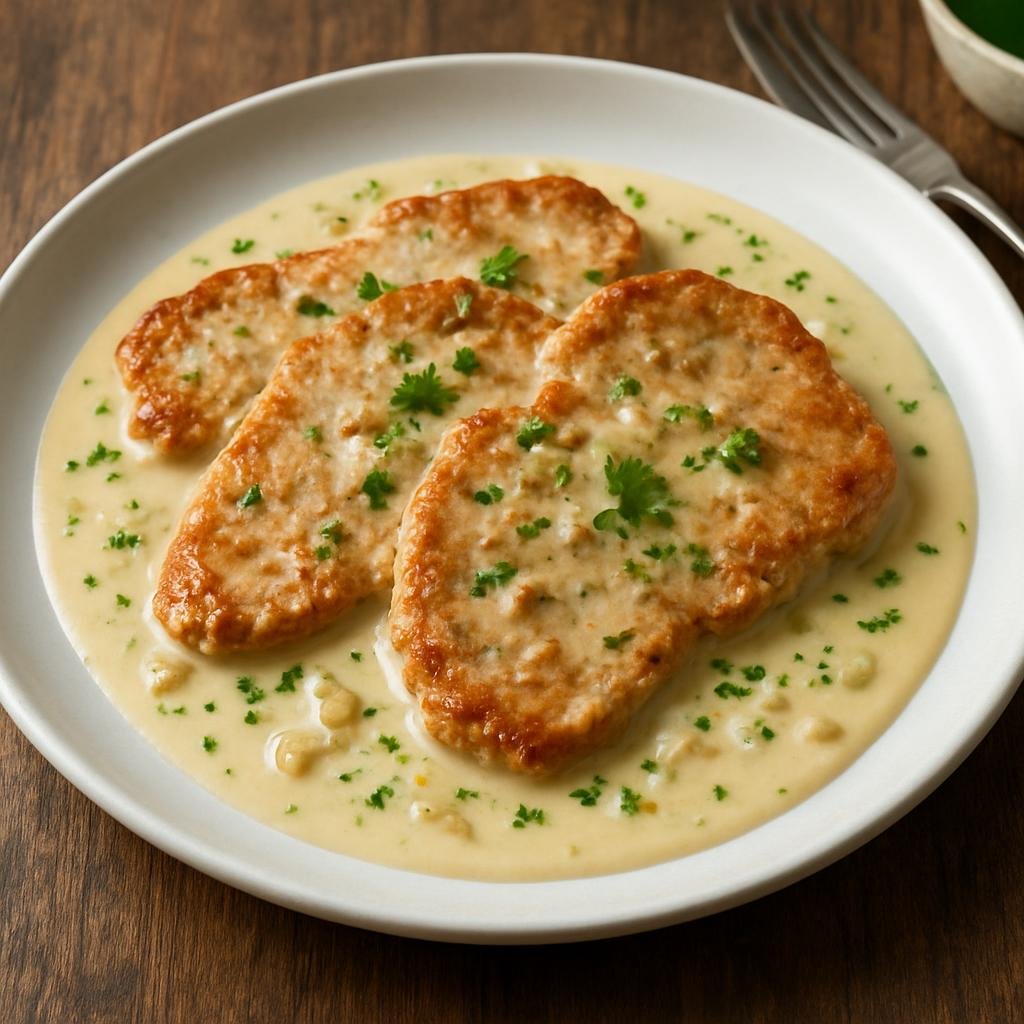Entree: Switzerland – French Swiss – Escalope de Veau à la Crème (Pan-seared veal cutlets finished in a rich white wine and cream sauce) recipe