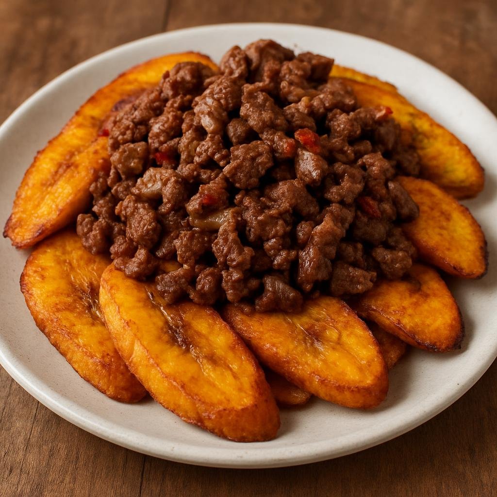 Entree: Nicaragua – Northern Culinary Region – Tajadas con Carne (Fried ripe plantain slices topped with savory Nicaraguan-style seasoned beef) recipe