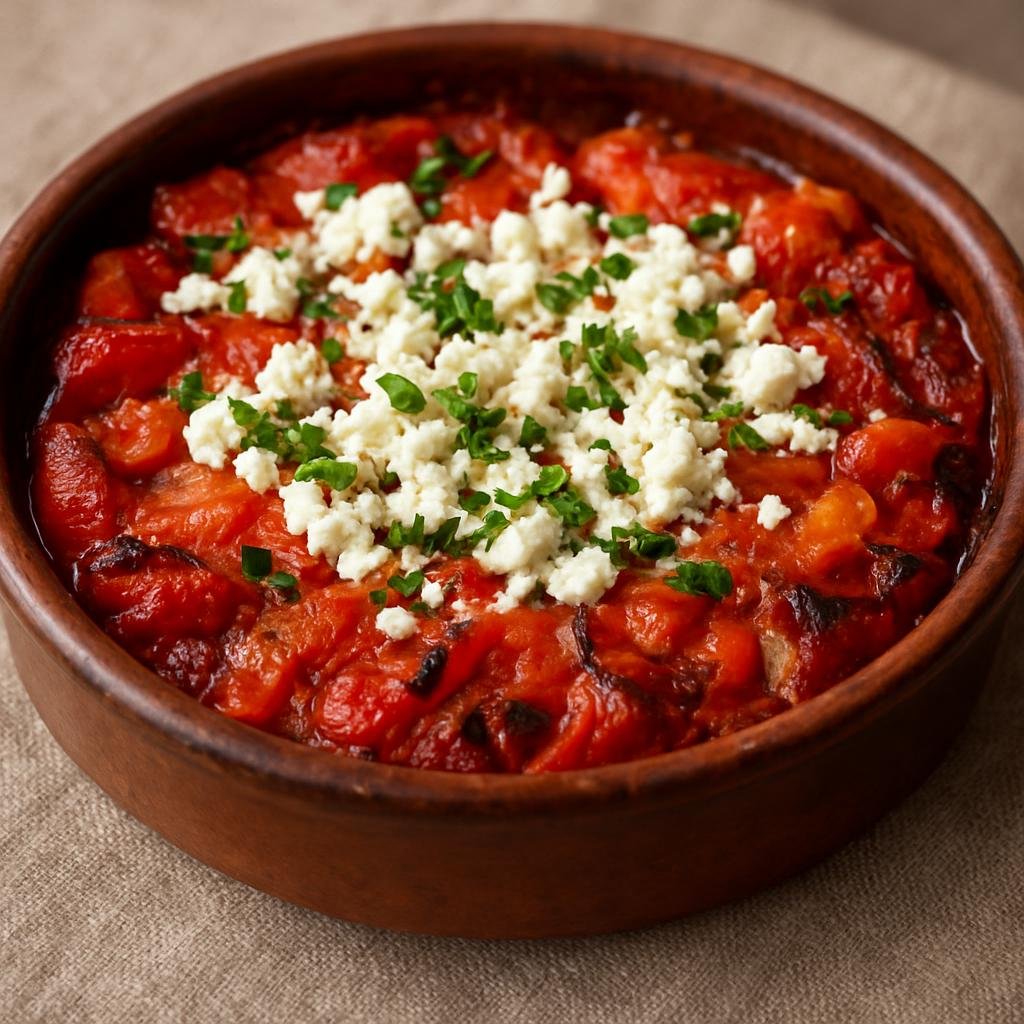 Entree: North Macedonia – Northern Culinary Region – Шопска тавче ➤ Shopska tavche (Baked Macedonian pan casserole of roasted peppers, tomatoes, and white brined cheese) recipe