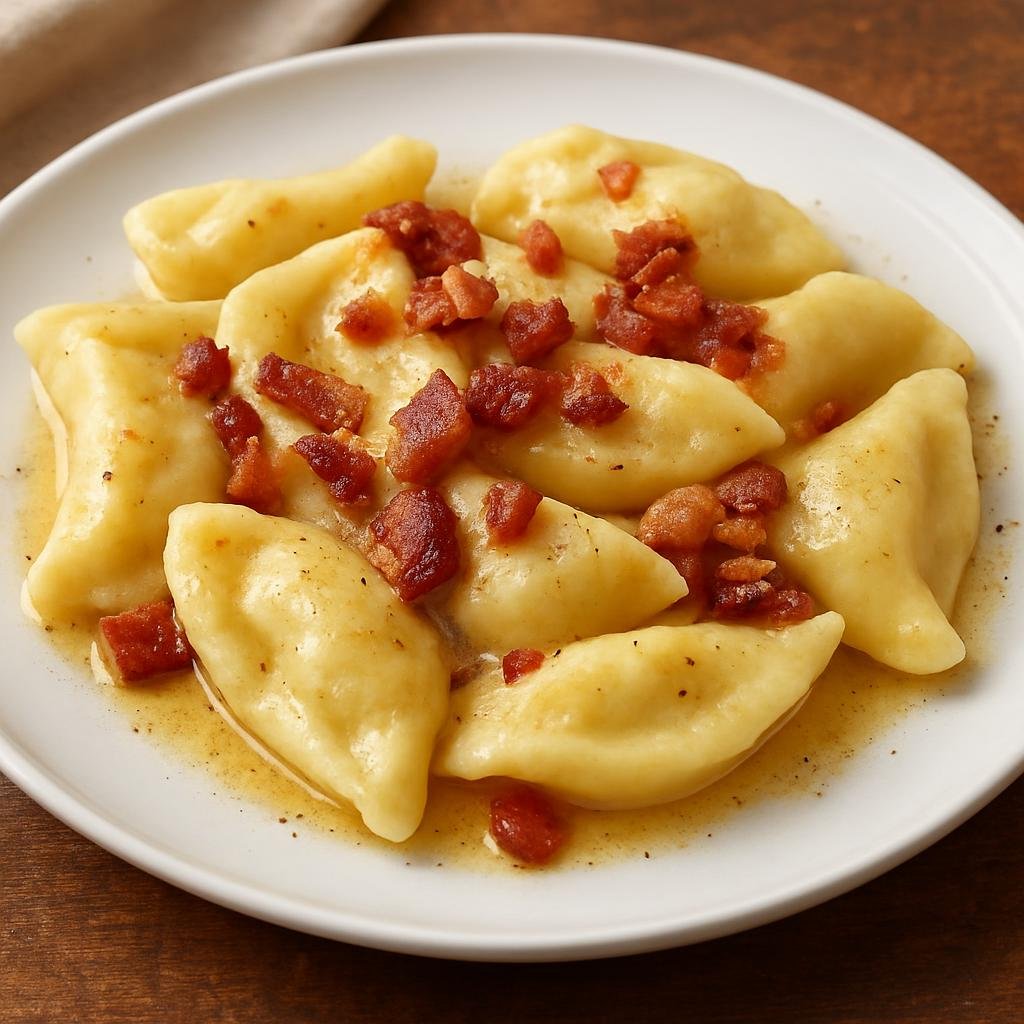 Entree: Slovenia – Northern Culinary Region – Idrijski Žlikrofi (Small filled potato dumplings from Idrija, boiled and finished with browned butter and bacon) recipe