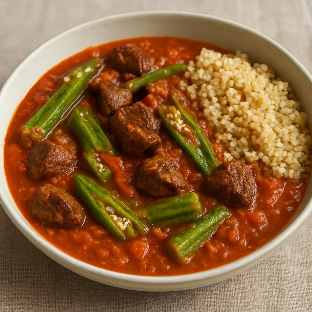 Entree: South Sudan – Northern Culinary Region – Kawari (Hearty South Sudanese peanut and tomato stew with beef and okra, typically served with sorghum or millet) recipe