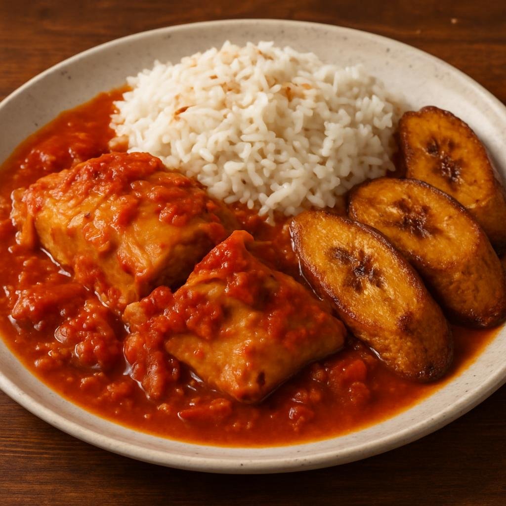 Entree: Suriname – Northern Culinary Region – Telo (Desalted salted cod simmered in a Creole-style spicy tomato and pepper sauce served with coconut rice and fried plantain) recipe