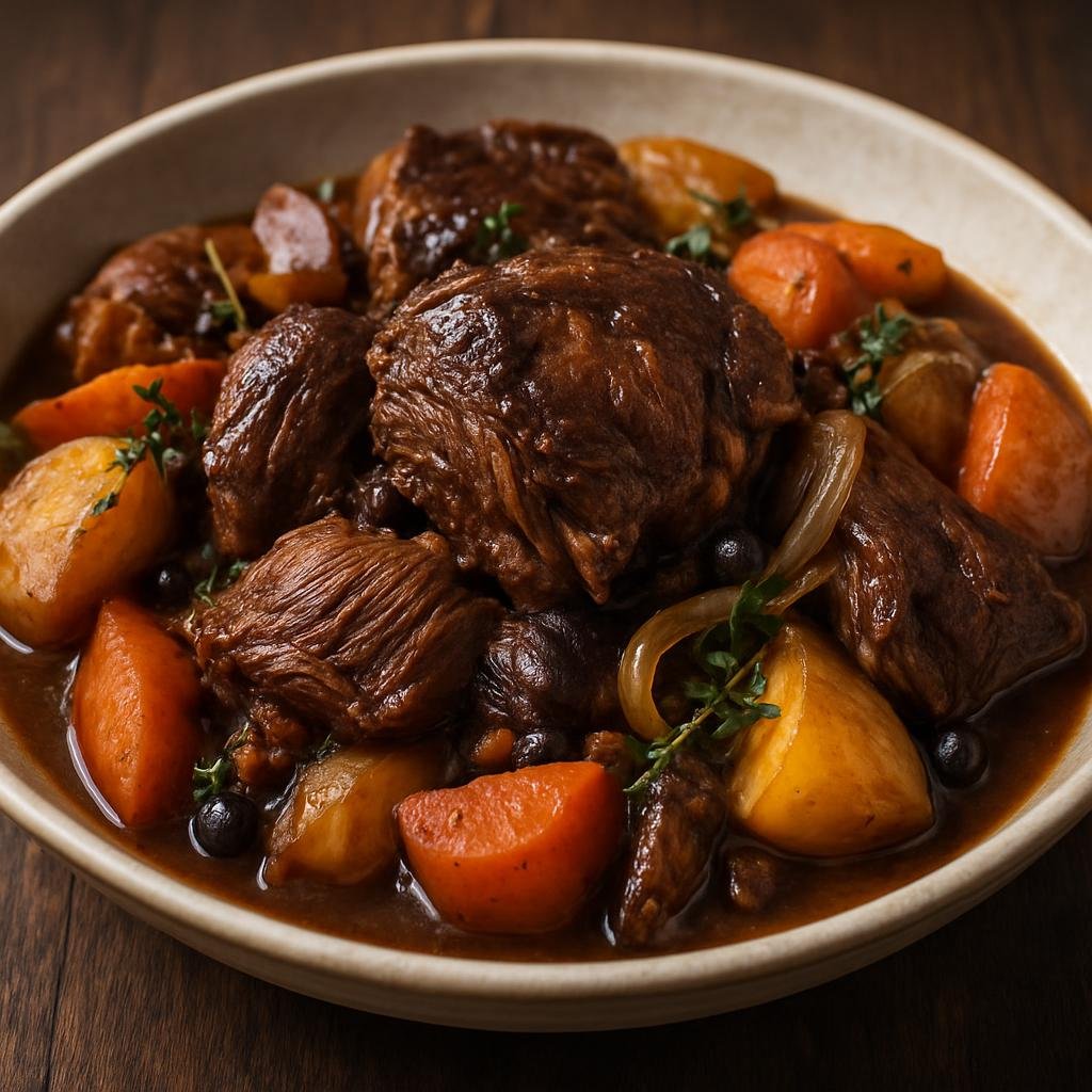 Entree: Svalbard and Jan Mayen – Northern Culinary Region – Braised Musk Ox (Slow-braised musk ox shoulder cooked with aromatics, juniper and root vegetables until tender and richly flavored) recipe