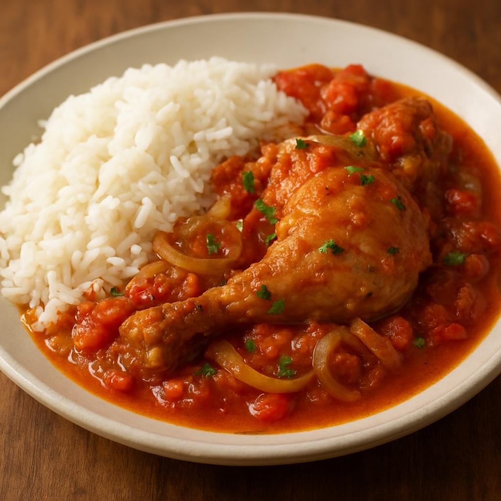 Entree: Zimbabwe – Northern Culinary Region – Mupunga neHuku (Rice served with a hearty stewed chicken flavored with tomatoes, onions, and regional seasonings) recipe