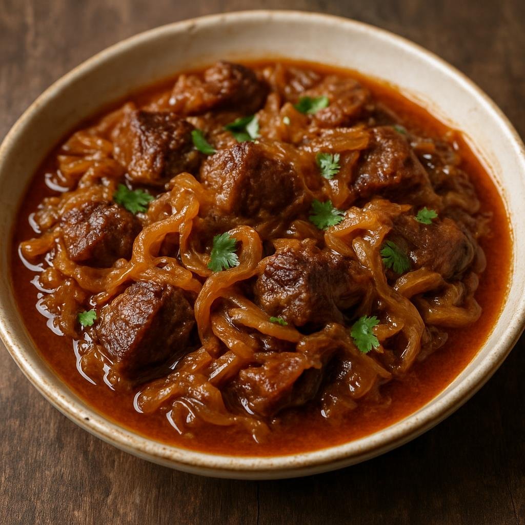 Entree: Albania – Central Culinary Region – Mish me Qepë (Braised meat cooked with slowly caramelized onions in a simple savory sauce) recipe