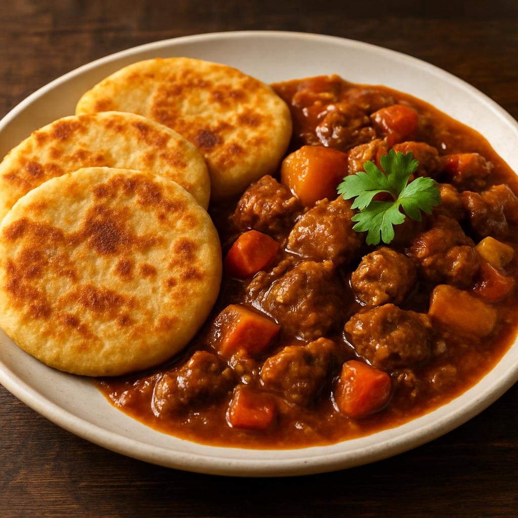 Entree: Aruba – Central Culinary Region – Pan Bati with Stew (Pan-fried corn and flour flatbreads served with a hearty Caribbean-style meat stew) recipe