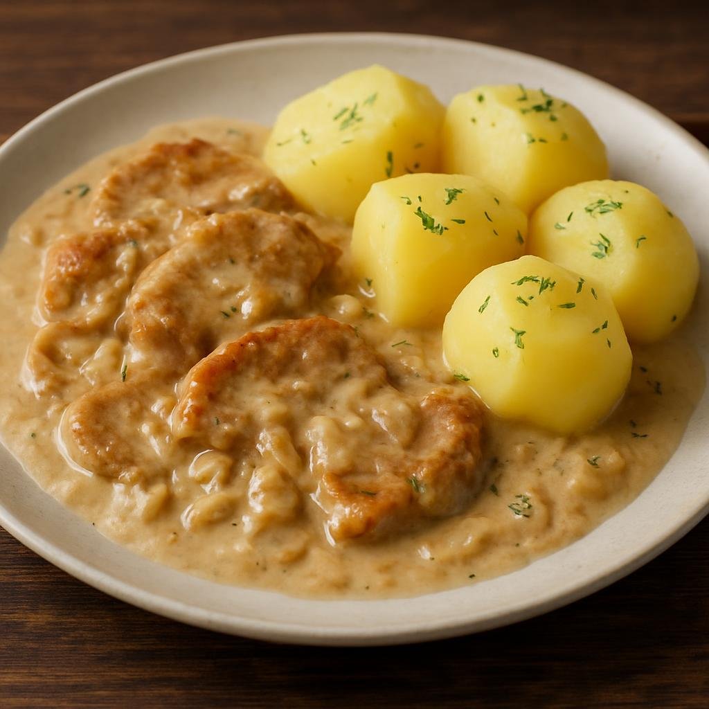 Entree: Belarus – Central Culinary Region – Смаженка ➤ Smazhenka (Pan-fried pork in a light onion and sour cream gravy served with boiled potatoes) recipe