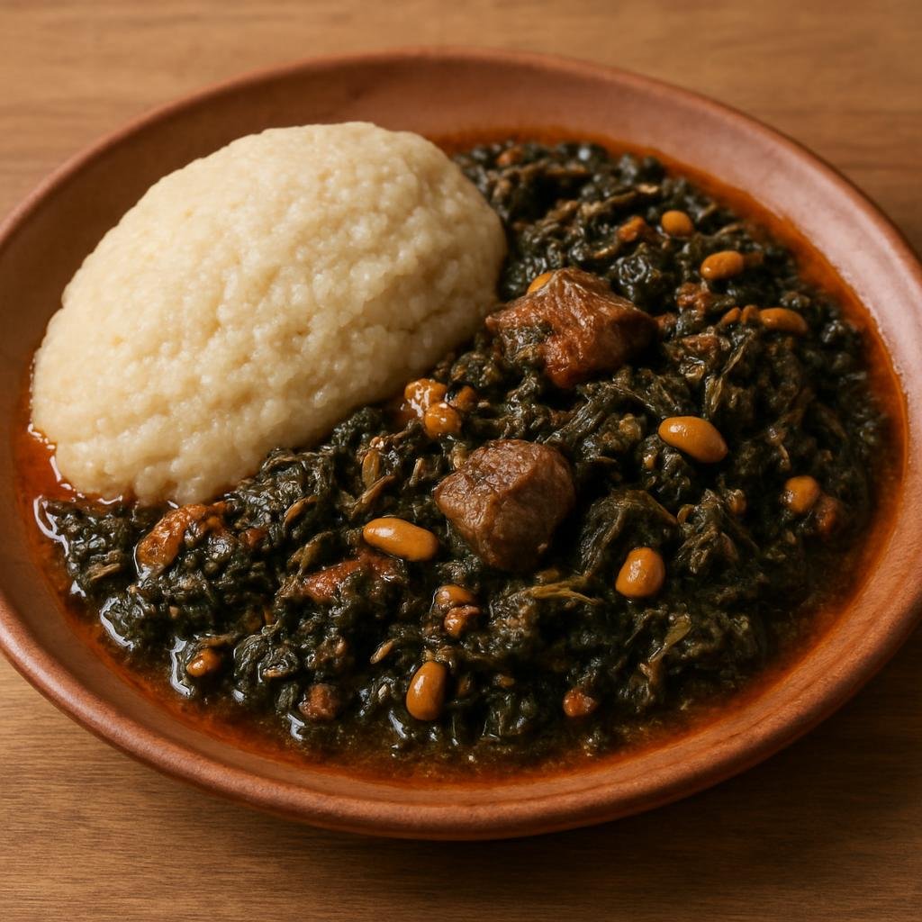 Entree: Chad – Karkanji (Savory Chadian stew of hibiscus leaves cooked with meat, peanut and spices, served with thick millet porridge) recipe