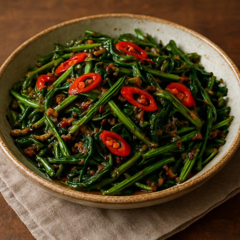 Entree: Christmas Island – Kangkung Belacan (Stir-fried water spinach with spicy shrimp paste and chilies) recipe