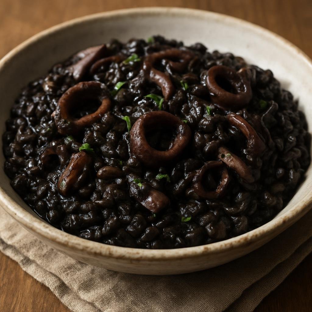 Entree: Croatia – Crni Rižot (Black squid-ink risotto made with tender squid and savory seafood broth) recipe