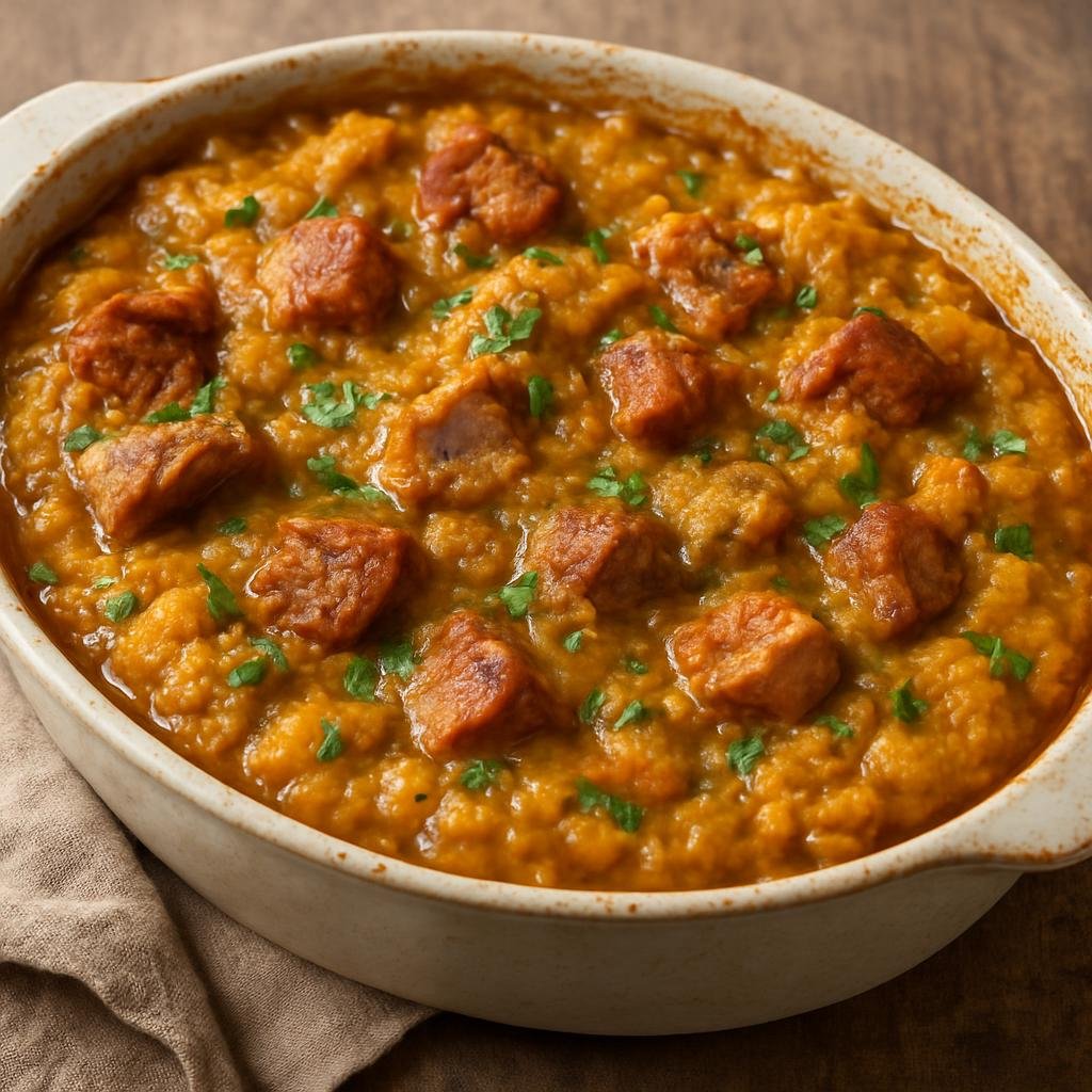Entree: Cuba – Tamal en Cazuela (Cuban-style tamale baked in a casserole, a moist savory cornmeal and pork stew-like tamal) recipe