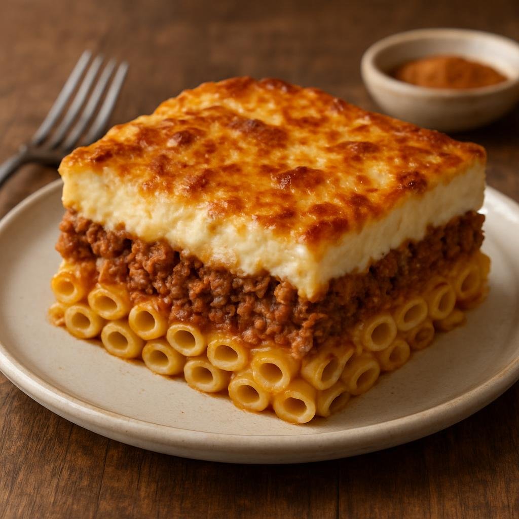 Entree: Cyprus – Pastitsio (Baked Cypriot pasta casserole layered with cinnamon-spiced ground meat and a rich béchamel topping) recipe
