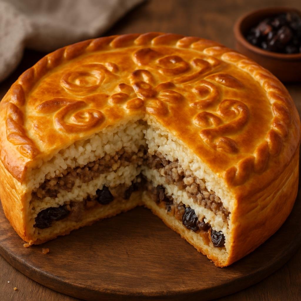 Entree: Russia – Bashkir & Ural Region – Губадия ➤ Gubadiya (Layered Bashkir pie of rice, meat, cottage cheese and dried fruits combining sweet and savory elements) recipe