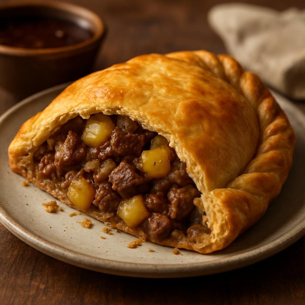 Entree: United Kingdom – British Pub Classics – Cornish Pasty (Baked hand pie filled with seasoned beef, potatoes, rutabaga, and onion) recipe