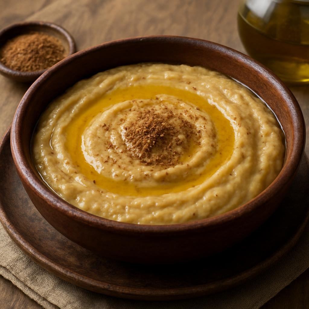 Entree: Morocco – Berber Cuisine – بصارة بزيت الزيتون والكمون ➤ Bissara bi zayt az-zaytoun wa kamoun (Thick Moroccan fava-bean purée flavored and finished with olive oil and cumin) recipe