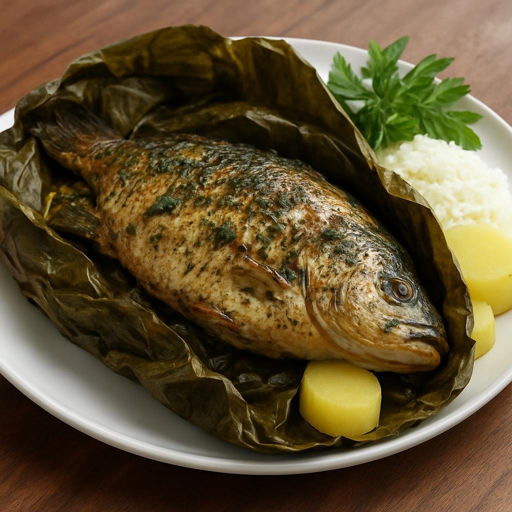 Entree: Peru – Amazonian Peru – Patarashca de Doncella (Whole Amazonian river fish seasoned and steamed in bijao leaves) recipe