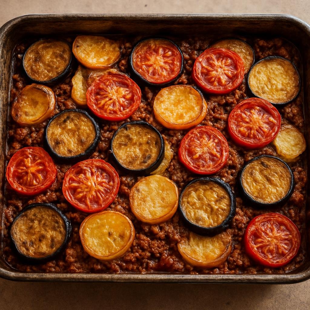 Entree: Iraq – Basra & South – تبسي باذنجان ➤ Tabsi Baytinijan (Oven-baked Iraqi casserole of layered eggplant, tomatoes, potatoes, and spiced minced meat) recipe