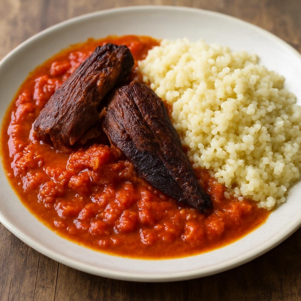 Entree: Burkina Faso – National Cuisine – Benga (A hearty Burkinabé groundnut and tomato stew with smoked meat served over millet or rice) recipe