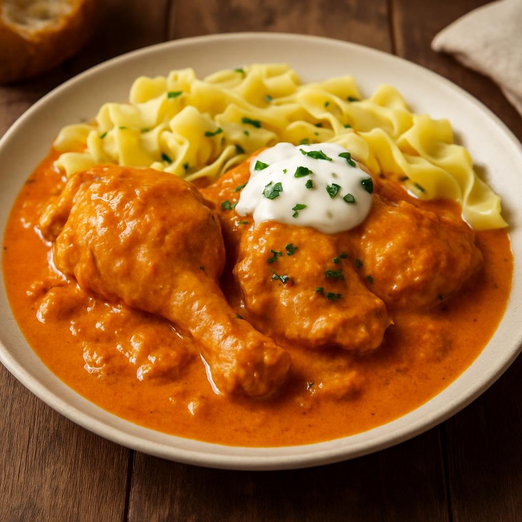 Entree: Hungary – Great Plain – Csirkepaprikás (Chicken simmered in a sweet paprika and sour cream sauce) recipe