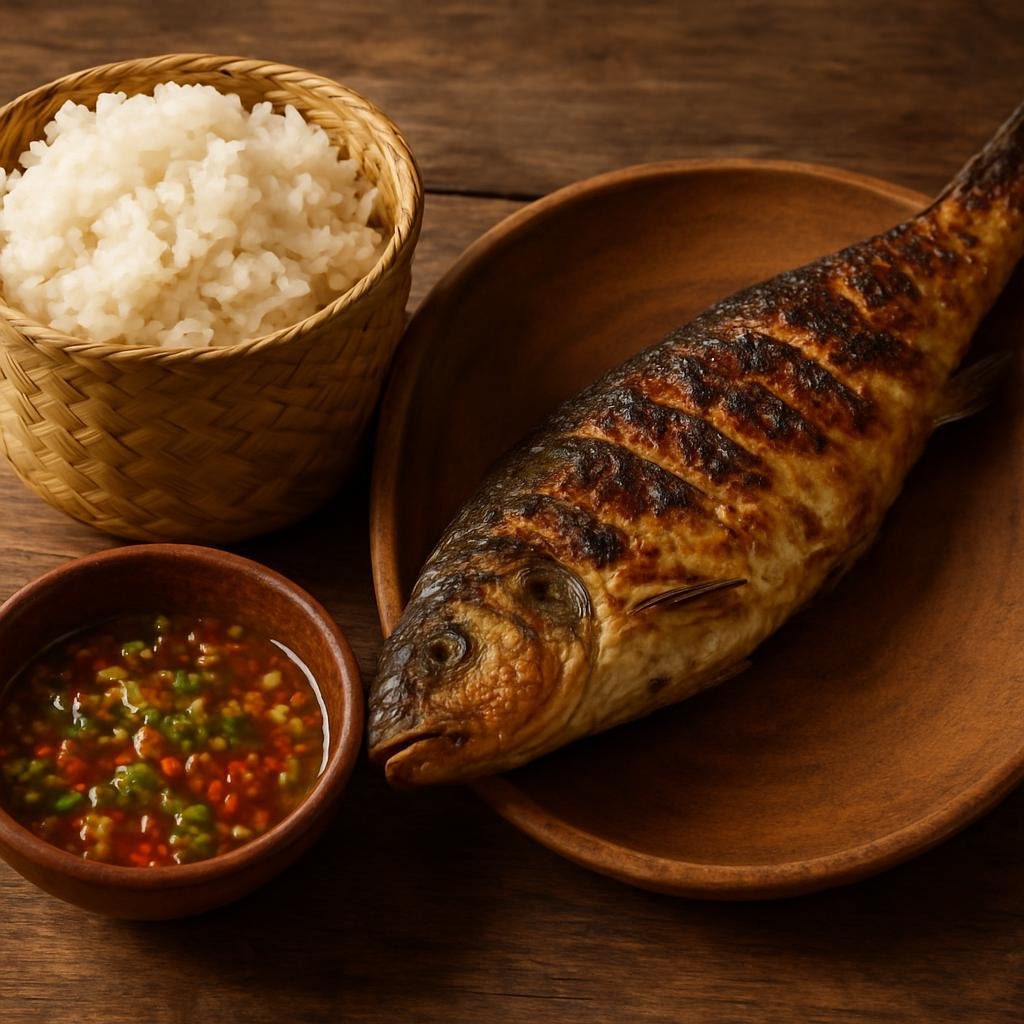 Entree: Laos – Luang Prabang / Northern Laos – Khao Niew with Grilled Fish (Sticky glutinous rice served with charcoal-grilled freshwater fish and a spicy-herb dipping sauce) recipe