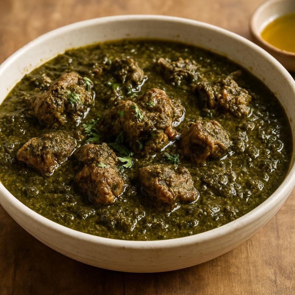 Entree: Tunisia – Sahel Coast – ملوخية ➤ mlūkhiyya (Slow‑simmered Tunisian stew of beef or lamb cooked with ground jute leaves, garlic, olive oil and warm spices) recipe